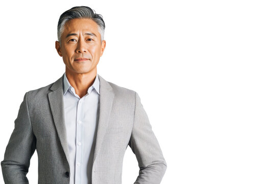 confident man in light gray suit stands with serious expression, showcasing professionalism and poise. His stylish attire and demeanor convey sense of leadership and experience