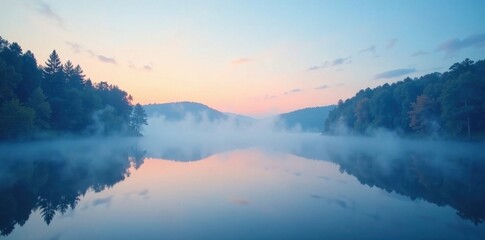 Obraz premium Soft blue mist rises from a serene lake at dawn, water, calm, peaceful
