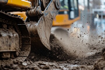 Excavator digging dirt on city street