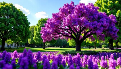 Obraz premium Jacaranda tree with a carpet of rich purple flowers in the foreground, purple flowers, botanical garden