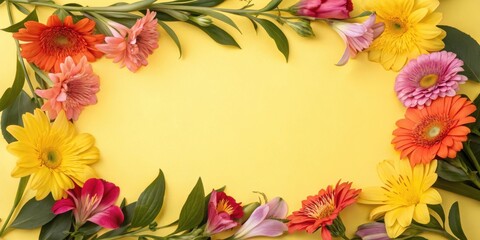 Obraz premium A vibrant floral frame with delicate petals and lush green leaves on a bright yellow background.