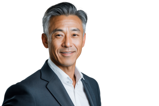Confident man in suit smiling, showcasing professionalism and approachability. His gray hair adds distinguished touch to his appearance