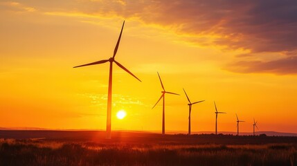 A wind farm with giant turbines spinning against a golden sunset, symbolizing renewable energy, sustainability, and a cleaner future for the planet.