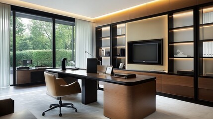 Sleek modern office with custom wooden furniture, frosted glass walls, and black metal accents