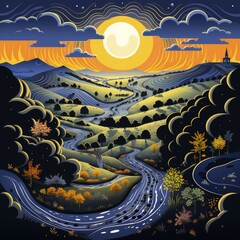 Obraz premium Farmland Blueprint Plan with Psychedelic Vibes from the 1970s