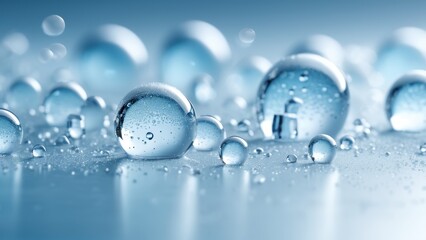 Shimmering droplets in cool blue tones, forming calm, minimal composition. Great for wellness ads, liquid-themed designs, and scientific presentations.