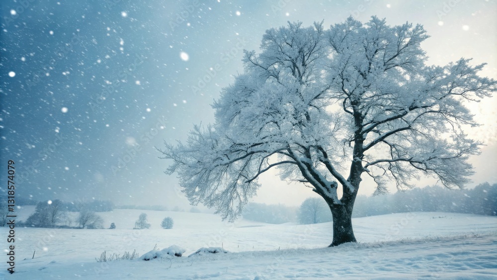 Aufkleber A solitary tree stands tall against a backdrop of falling snow, the branches adorned with a delicate layer of frost, creating a serene and wintery scene.