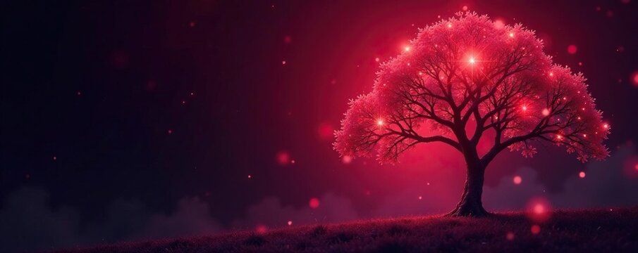 Glittering starlight tree against a dark crimson background with subtle sparkles and shine, dark background, glowing, cosmic
