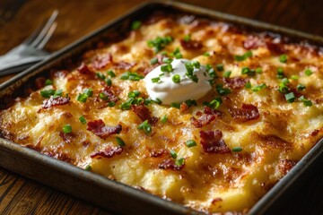Golden-baked potato layers crowned with gooey melted cheese rest atop a rustic wooden surface, inviting you to indulge in comfort food bliss