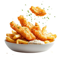 A Savory Crispy Fish and Chips Platter with Tartar Sauce Isolated on Transparent Background