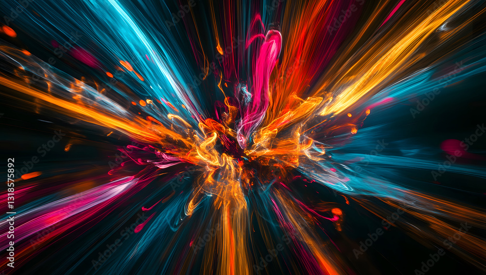Poster vibrant streaks of light explode outwards, creating a dynamic and energetic abstract composition.