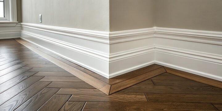 Close-up of a corner where white baseboard meets a dark hardwood floor with a herringbone pattern.
