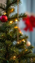 Dainty gold chain hangs from the top of a Christmas tree, gold, tree