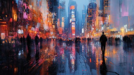 Vibrant cityscape at night with illuminated skyscrapers and reflective wet streets bustling with people