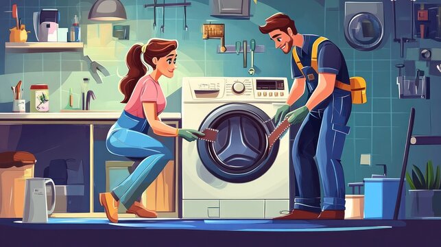 Woman and Technician Fixing Washing Machine at Home