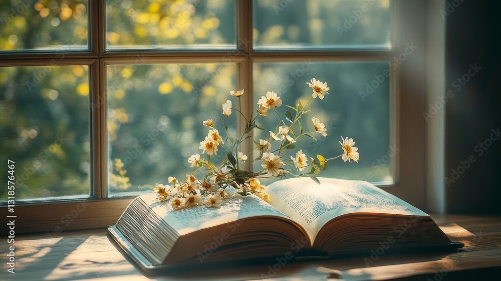 Aufkleber Soft sunlight filters through a window, highlighting an open book resting on a wooden table. Delicate wildflowers bloom from its pages, creating a tranquil atmosphere perfect for reflection
