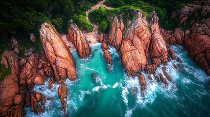Aerial view of secluded cove with red rocks and turquoise water.