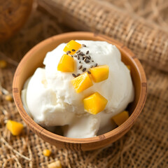 Coconut ice cream decorated with diced mango and chia seeds in wooden bowl