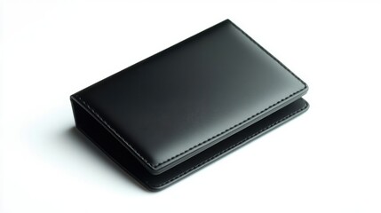 A closed black leather case rests on a white surface