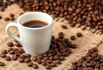 A pristine white espresso cup rests on rustic burlap, surrounded by scattered coffee beans, elegant, photography