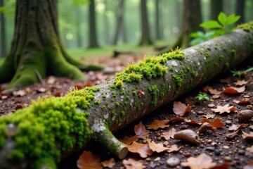Fototapeta premium Wooden log on forest floor with moss and lichen, moss, wooden log, nature