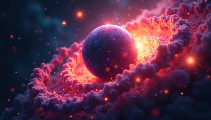 Cosmic dust swirling around a glowing nucleus, cosmic, sphere
