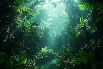 Fototapeta premium Jungle Path for Sunlight, Lush Greenery.