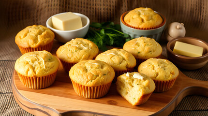 Savory muffins with herbs and butter on wooden cutting board