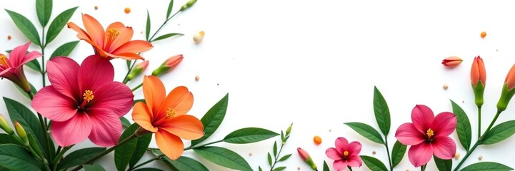 Exotic flower arrangement on white background, blooms, greens