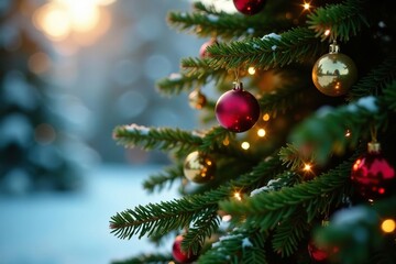 Evergreen tree with sparkling ornaments in a warm glow, warm, evergreen, winter