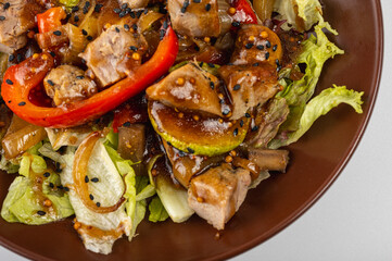 Close-up of a delicious grilled meat salad with fresh lettuce, bell peppers, onions, and sesame seeds. Gourmet dish with juicy pork, perfect for healthy eating