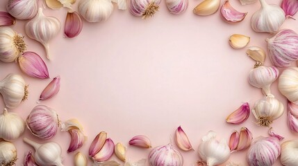 Obraz premium Fresh garlic bulbs and cloves arranged on a soft pink background