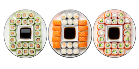 Three Different Style Top View of Sushi Platter with Rolls, Colorful Sushi Platter, Fresh Sushi Rolls, Cut Out