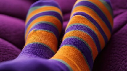 Person wearing colorful striped socks resting on a purple surface