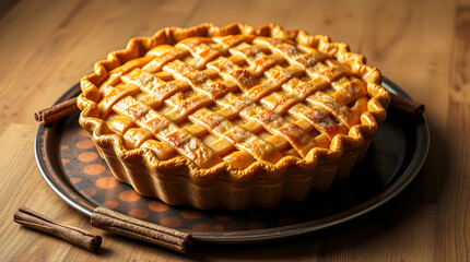 Delicious round apple pie on metal tray with cinnamon sticks baking on wooden table