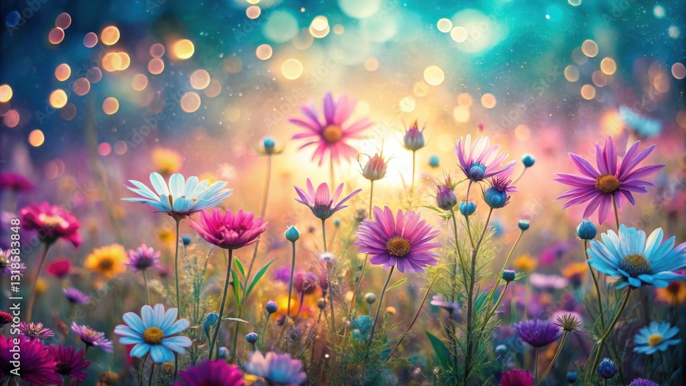 Poster a field of colorful wildflowers bathed in warm sunlight and surrounded by a shimmering bokeh effect.