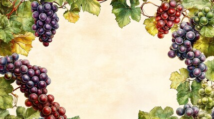 Watercolor illustration displays various grapes and green grape leaves in a frame