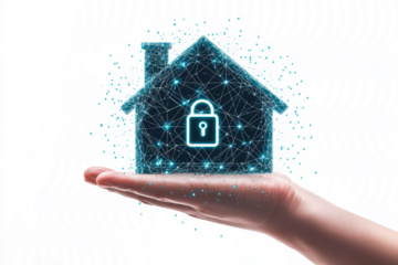 Hand presenting a house with a digital security lock hovering above, symbolizing cybersecurity in real estate, white background
