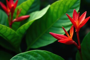 Exotic red blooms against striking green leaves, red, flowers