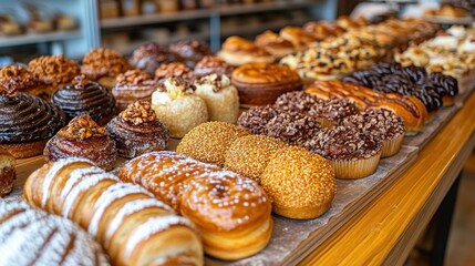 Pastries galore! Various sweet treats displayed on a countertop, a bakery delight