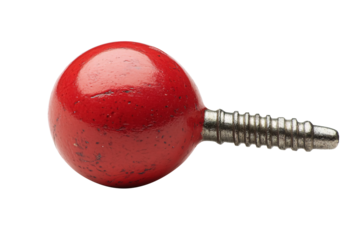 A detailed close-up of a red fishing bobber. The bobber is spherical with a metal threaded end.