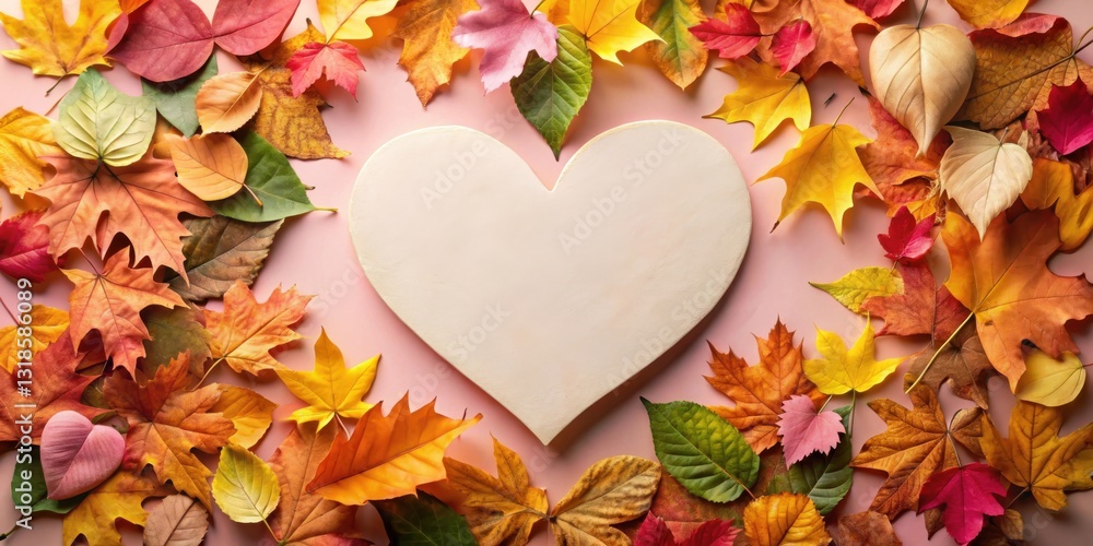 Poster A blank heart-shaped frame surrounded by a colorful collection of vibrant autumn leaves, creating a charming backdrop for festive messages or creative designs.