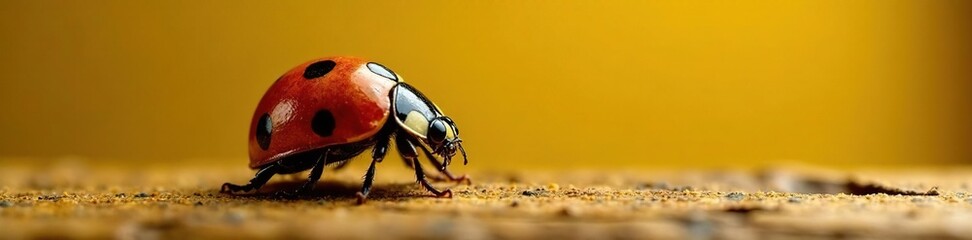 Fototapeta premium Ladybug with black spots against bright background, texture, contrast, ladybug
