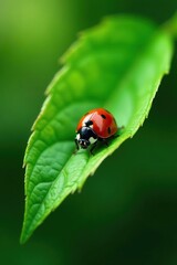 Obraz premium Ladybug resting on the underside of a green leaf, ladybug, peaceful