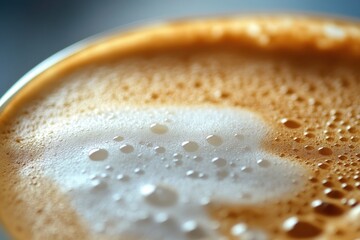 Captivating closeup of frothy foam on a freshly poured cappuccino coffee shop beverage photography indoor setting macro view art of coffee culture
