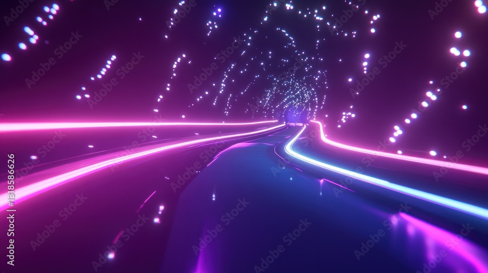 Poster neon tunnel pathway with sparkling particles