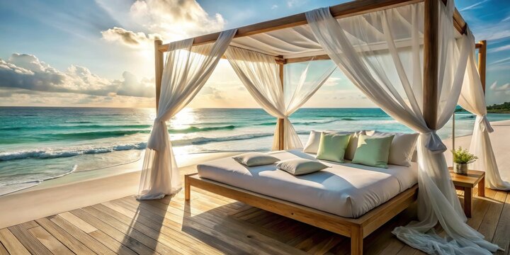 A canopy bed on a wooden deck overlooking a beach with turquoise water and white sand