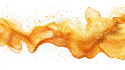 Swirling sand explosion creating dynamic shapes and patterns, golden hues, white background