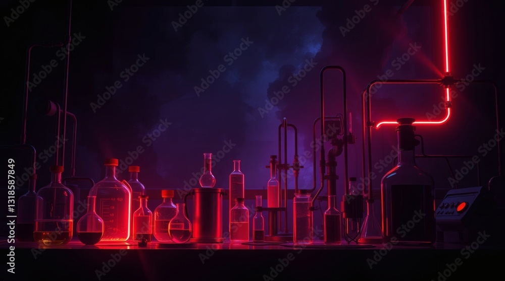 Aufkleber a lab with various glassware under red lights, creating a mysterious and science-themed atmosphere