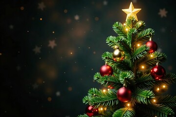 Naklejka premium Evergreen Christmas tree with sparkling fairy lights and ornaments, shine, holiday